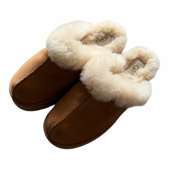 UGG Disquette Chestnut Suede Platform Slippers 9 Sheepskin Fur 1122550 Coquette - Picture 3 of 12